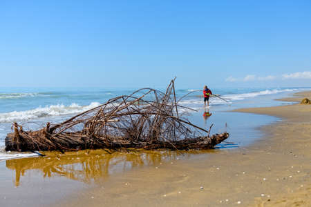 A young boy is playing on the cold, wintry sandy beach.の写真素材