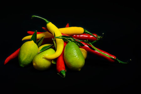 Some Chillies and a lime on a black stone plate.