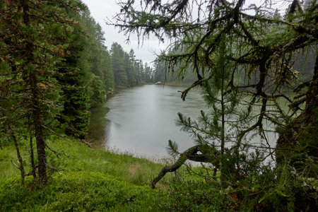 Lake on a rainy dayの写真素材