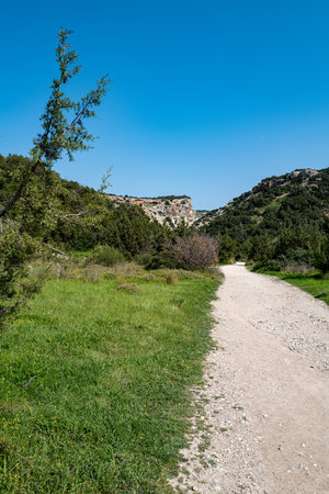 In a quiet area, a hiking trail with gravel leads through a very beautiful nature to a gorge in the background.の写真素材