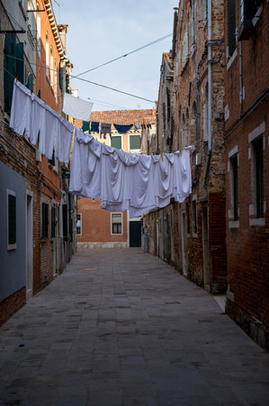 Laundry hanging on the clothesline in Venice, Italy.の写真素材