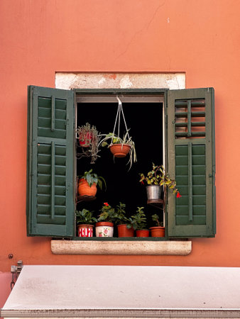 A window with open green wooden shutters and a brick-colored facade is protected from prying eyes with many flowers.の写真素材