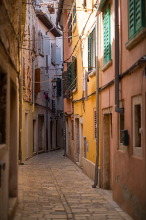 Alley in the old town of Rovinj without people.の写真素材