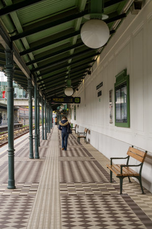 A woman walks along the platform at the Hoettelldorf train station in Vienna, Austria, likely heading to catch a train. Other passengers wait on the opposite platform.の写真素材