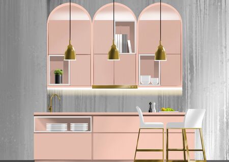 Old rose kitchen, illustration painting, illustration paintingの写真素材