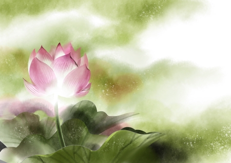 Watercolor with pink lotus flowers, illustration paintingの写真素材