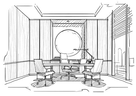 Front view of a CEO office with a wooden walls, black and whiteの写真素材
