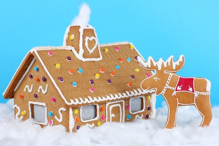 Gingerbread house with reindeerの写真素材