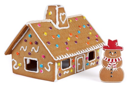 Gingerbread House with Gingerbread Snowman, Isolatedの写真素材