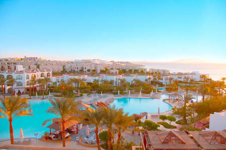 Sea resort overview at sunrise timeのeditorial素材