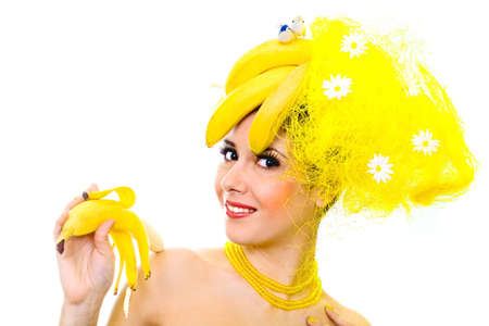 Smiling Banana lady, isolated on whiteの写真素材