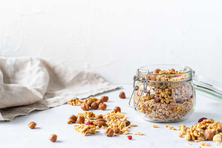 Healthy breakfast set on grey background. The concept of delicious and healthy food. Top view, copy space.の写真素材