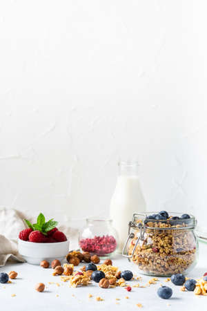 Healthy breakfast set on grey background. The concept of delicious and healthy food. Top view, copy space. の写真素材