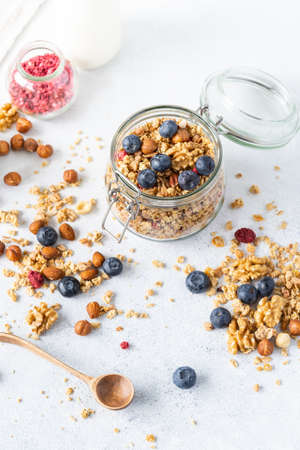 Healthy breakfast set on grey background. The concept of delicious and healthy food. Top view, copy space.の写真素材