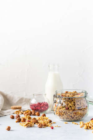 Healthy breakfast set on grey background. The concept of delicious and healthy food. Top view, copy space.の写真素材