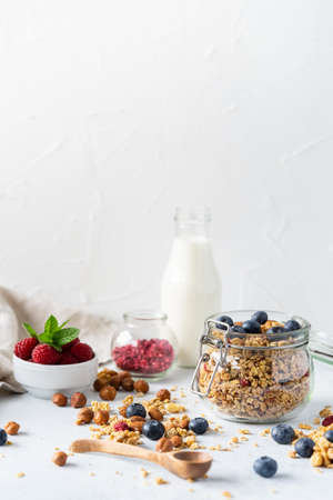 Healthy breakfast set on grey background. The concept of delicious and healthy food. Top view, copy space.の写真素材