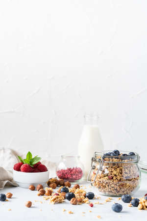 Healthy breakfast set on grey background. The concept of delicious and healthy food. Top view, copy space.の写真素材