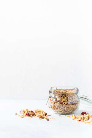Healthy breakfast set on grey background. The concept of delicious and healthy food. Top view, copy space.の写真素材