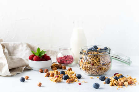 Healthy breakfast set on grey background. The concept of delicious and healthy food. Top view, copy space.の写真素材