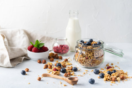 Healthy breakfast set on grey background. The concept of delicious and healthy food. Top view, copy space.の写真素材