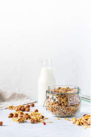 Healthy breakfast set on grey background. The concept of delicious and healthy food. Top view, copy space.の写真素材