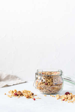 Healthy breakfast set on grey background. The concept of delicious and healthy food. Top view, copy space.の写真素材