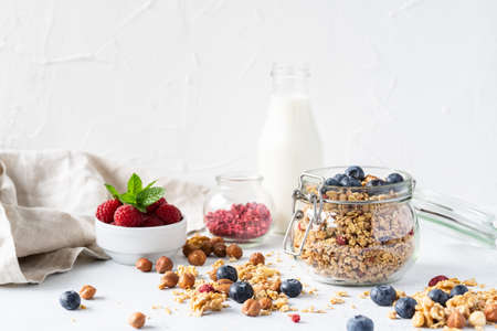 Healthy breakfast set on grey background. The concept of delicious and healthy food. Top view, copy space.の写真素材