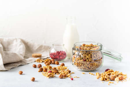 Healthy breakfast set on grey background. The concept of delicious and healthy food. Top view, copy space.の写真素材