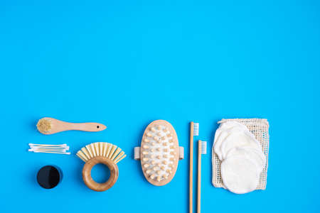 Zero waste concept. Eco-friendly bathroom accessories on a blue background.の写真素材