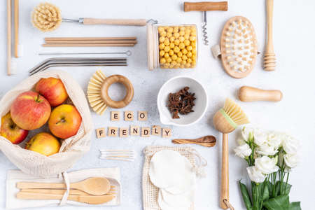 Eco-friendly kitchen accessories on a grey background. The concept zero waste and our planet.の写真素材