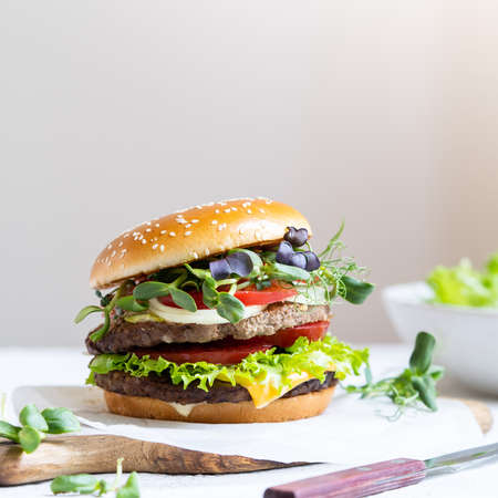 Double cheeseburger with veal cutlets, tomatoes, lettuce leaves and cucumbers. Fast food.の写真素材