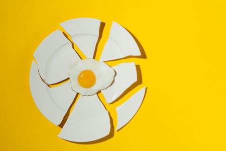 Fried Egg on Shattered Plate: A Breakfast Mishapの写真素材