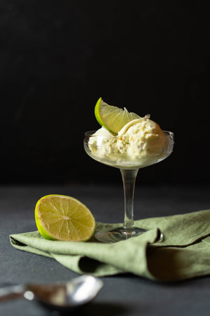 A luxurious serving of homemade pistachio ice cream elegantly presented in a champagne glass, placed against a dark background.の写真素材