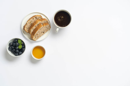 Overhead photo of bread with jam and coffee. High quality photoの写真素材
