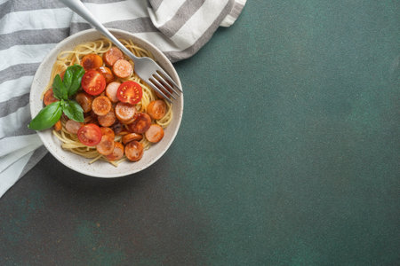 Delicious spaghetti with sausage, tomato, and basil garnish on rustic table setting. High quality photoの写真素材