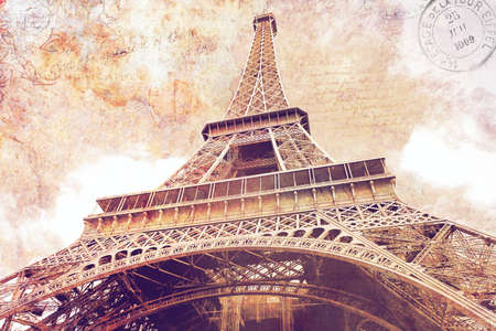 Abstract digital art of Eiffel Tower in Paris. Old paper. Digital art, high resolution, printable on canvasの写真素材