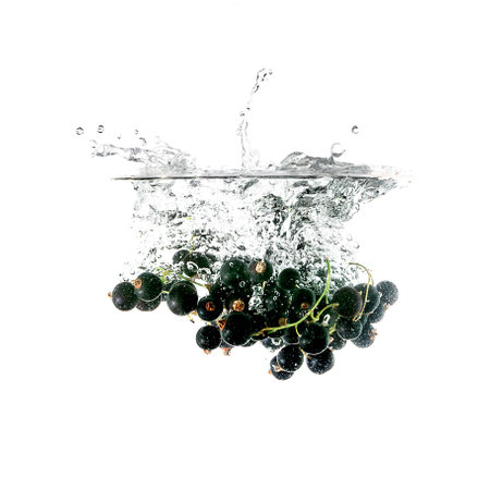 Blackcurrants splash on water, isolated on white background. Use for fresh drinks advertising.の写真素材