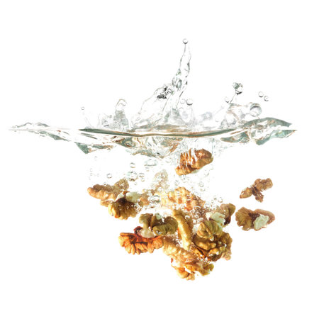 Chestnut splash on water, isolated on white background. Use for advertising raw food or fresh drinks.の写真素材