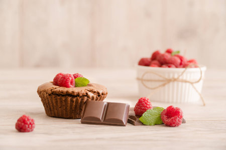 Chocolate lava cake with fresh raspberries and mintの写真素材