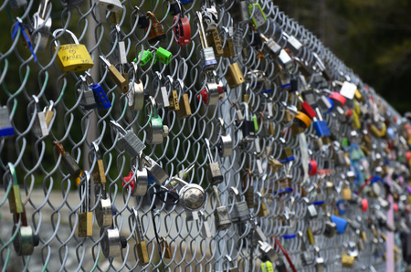 An image of several coloured locks on a chain link fence.のeditorial素材