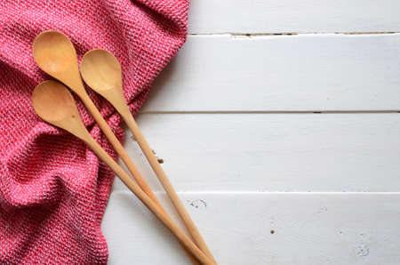 Wooden Mixing Spoons and Dish Towelの写真素材