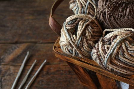 Crochet Yarn and Crochet Hooks Close Upの写真素材