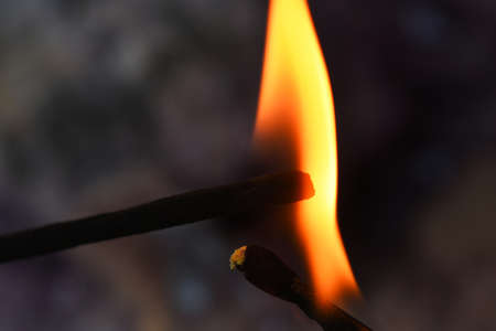 A close up image of a wooden match lighting and incense stick.の写真素材