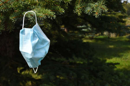 An image of a used blue face masked carelessly discarded and becoming an environmental waste issue.の写真素材