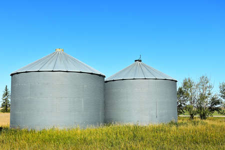 An image of metal grain silos in a agricultural field during harvest season.の写真素材