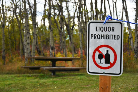 A white no alcohol allowed sign in a public park area.の写真素材