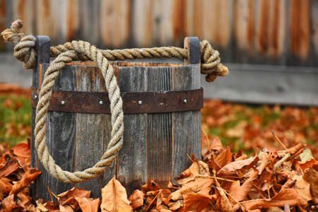 An image of a large wooden bucket with a rope handle sitting in a pile of brightly color autumn leaves.の写真素材