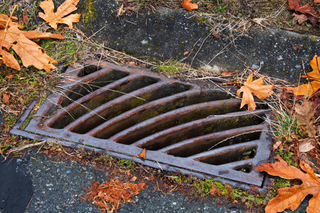 A close up image of a rectangular metal storm drain and dead autumn colored leaves.の写真素材