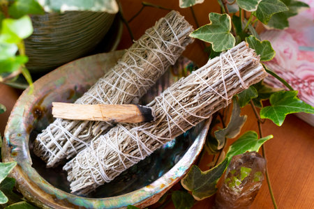 A top view image of an abalone sea shell with white sage smudge sticks and holy wood.の写真素材