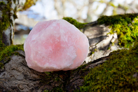 An image of a large raw piece of rose quartz on a moss covered tree branch.